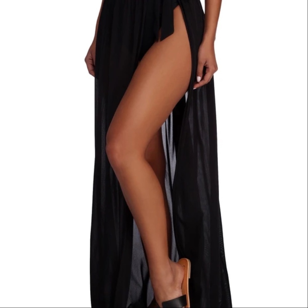 Tie Waist Mesh Maxi Skirt-